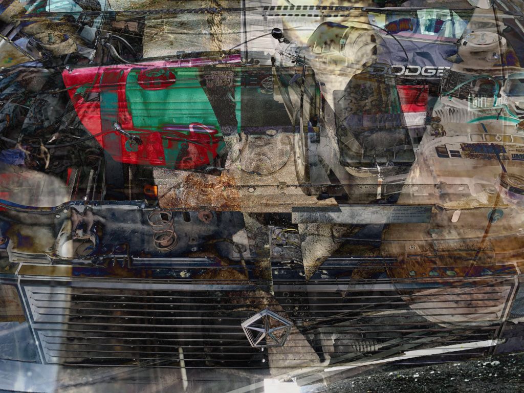 A collage of photos that make up an art piece about the 1985 Dodge Omni